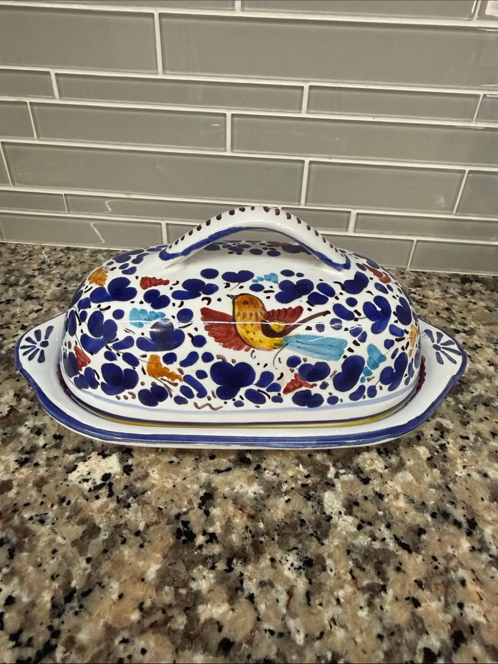 Hand-Painted Ceramic Butter Dish in White with Blue and Multicolor Bird Design